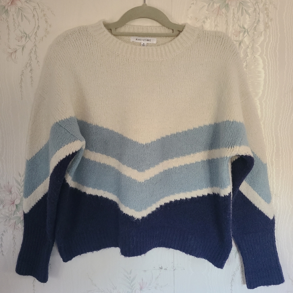 Ava And Esme Cream And Blue Chevron Crewneck‎ Sweater